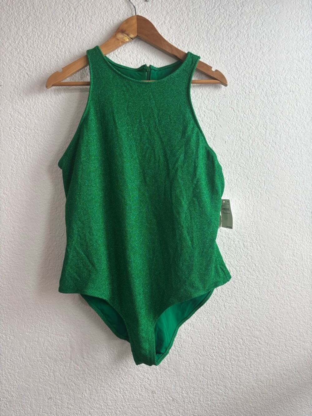 Good American Green Glitter One-Piece Bodysuit Green Halter Neck Size 6 2XL